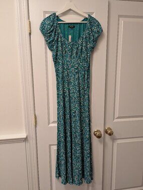 Madewell Teal Floral Ruched Scoop neck Midi Dress